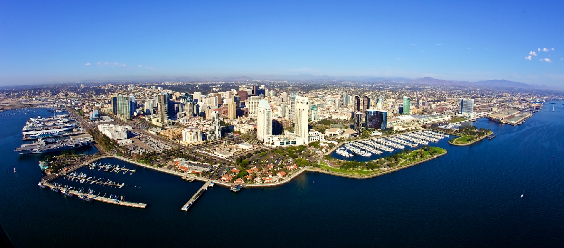 Panorama aerial view of San Diego from the bay