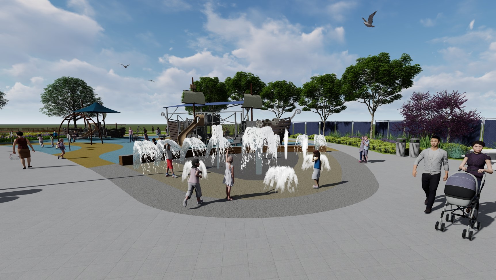 Conceptual rendering of splash pad for Pepper Park on National City Bayfront. Depicts children playing and running through water spraying from the ground with pedestrians strolling by set with a backdrop of a blue sky with white clouds and birds and green trees.