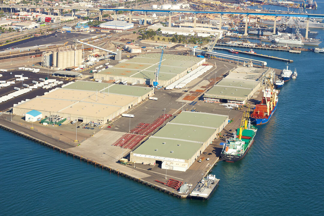 Aerial view of the Port of San Diego's Tenth Avenue Marine Terminal in San Diego.