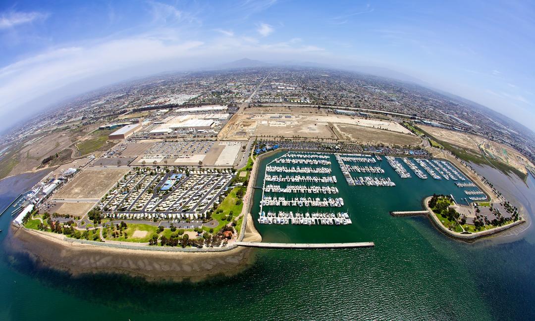 An aerial view of the Chula Vista Bayfront looking east