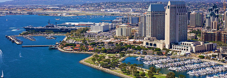a view of the blue water of San Diego Bay and the Marriott Marina