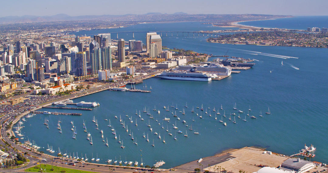 an aerial view of the San Diego Bay from above downtown San Diego looking over the water and towards South Bay