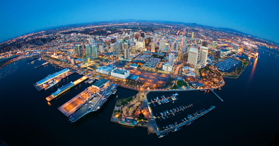 Aerial view of the San Diego bay and downtown San Diego