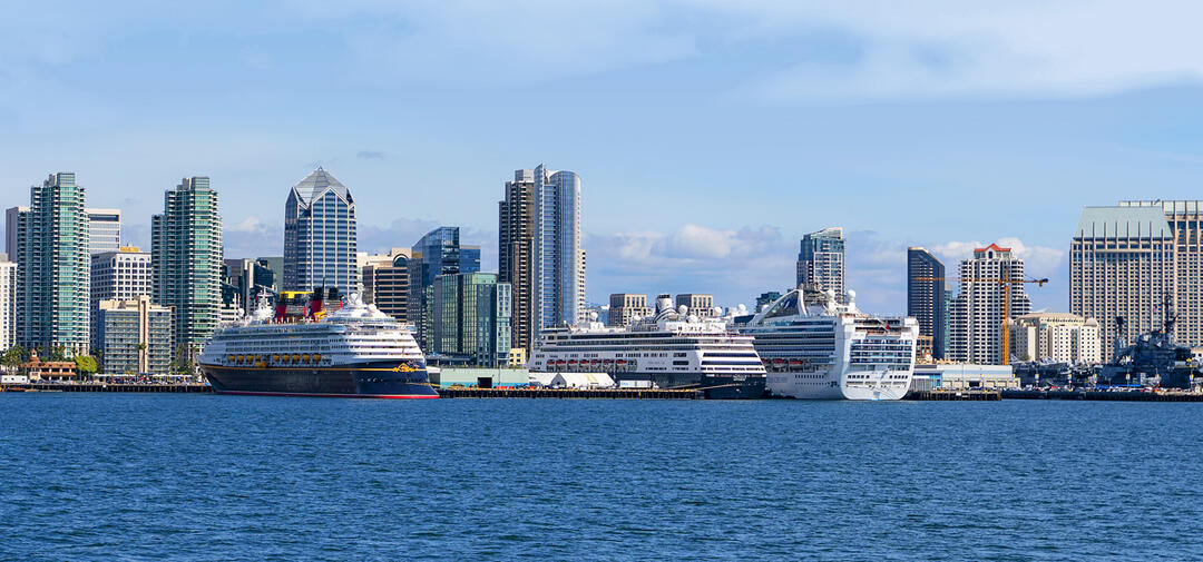 A view from the San Diego Bay towards downtown San Diego with a cruise ship in port