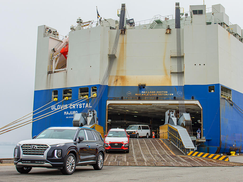 cars roll off of a cargo ship at Port of San Diego National City Marine Terminal