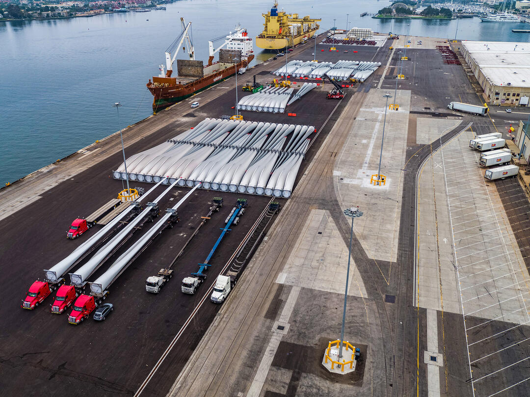 maritime TAMT laydown area with wind turbines