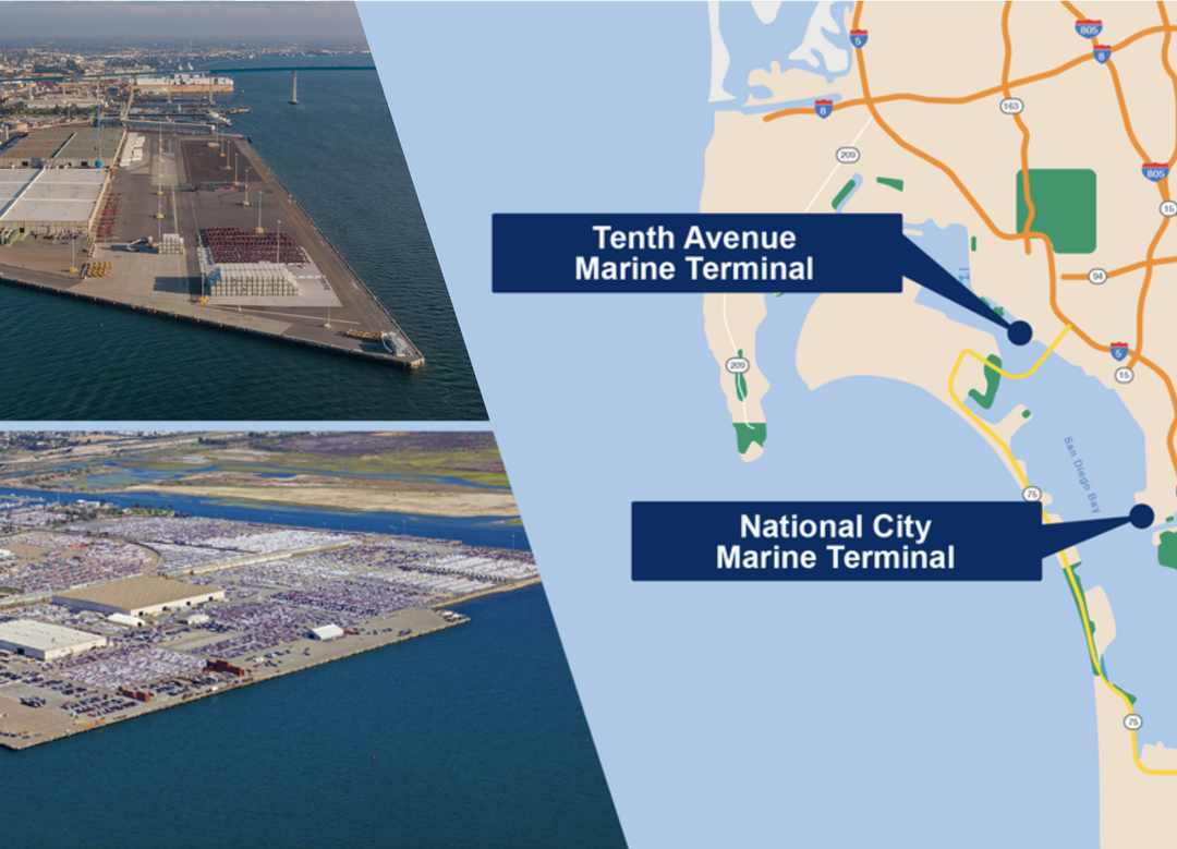 map with the location of the Tenth Avenue Marine Terminal and National City Marine Terminal