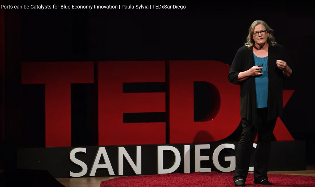 screenshot of Paula Sylvia on stage in front of the large red Ted X San Diego sign
