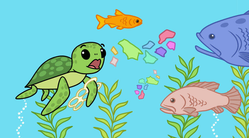 a cartoon artist rendition of a baby green sea turtle swimming with fish and plant-life