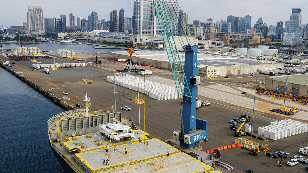 Port of San Diego's Konecrane Generation 6 Mobile Harbor Crane lifting cargo.