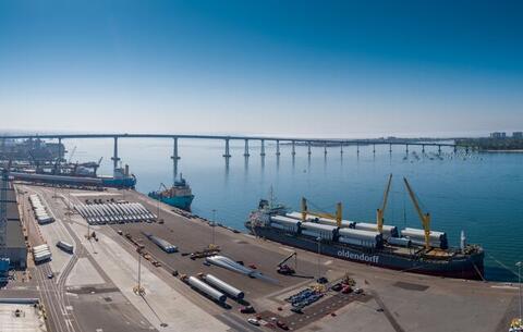 Windmill towers and blades being offloaded at the Port of San Diego's Tenth Avenue Marine Terminal.