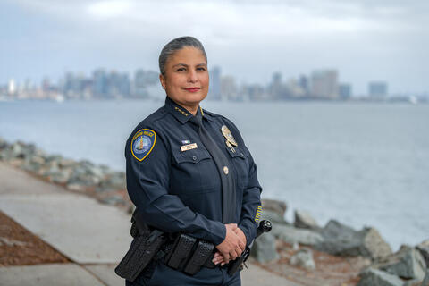 Chief of Port of San Diego Harbor Police, Magda Fernandez standing near the San Diego Bay with downtown skyline in the backdrop