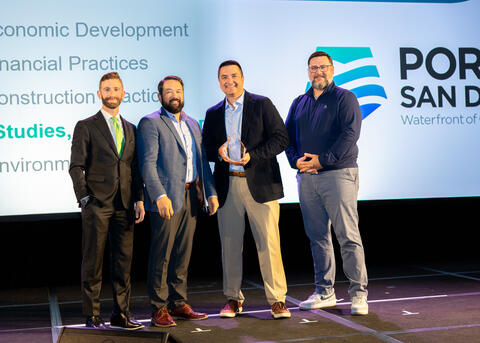 Left to right: Cary Davis, President and CEO of the American Association of Port Authorities; Michael LaFleur, Vice President of Maritime at the Port of San Diego; Ernesto Medina, Chief Engineer at the Port of San Diego; and Chett Chiasson, AAPA Board Vice Chairman at the 2024 AAPA Lighthouse Awards at which the Port of San Diego was recognized for its Tenth Avenue Marine Terminal Microgrid Project.