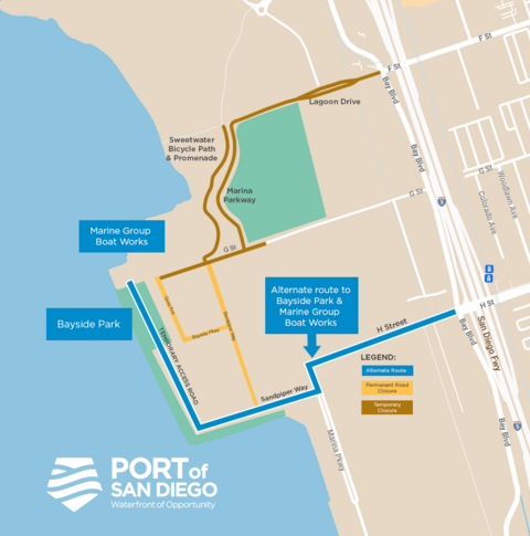 Map image depicts closures on Chula Vista Bayfront in December 2024