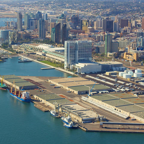 Aerial view of the Tenth Avenue Marine Terminal with the downtown San Diego skyline.