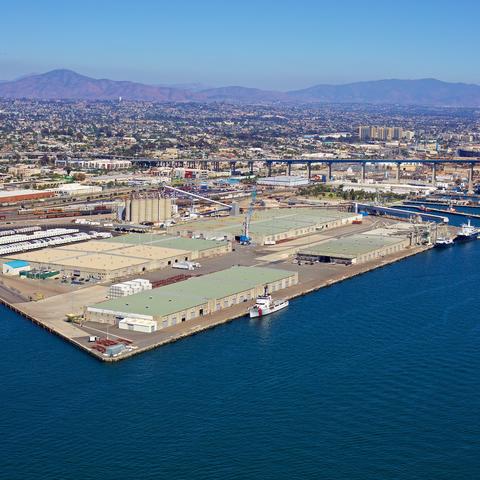 Aerial view of the Port of San Diego's Tenth Avenue Marine Terminal with mountains in the background.