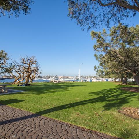 Walkway, grass, trees, and table at Chula Vista Bayfront Park at the Port of San Diego