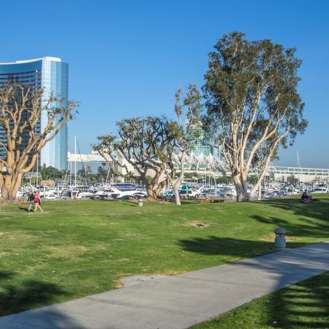 Boats, trees, grass, and path at Embarcadero Marina Park North at the Port of San Diego