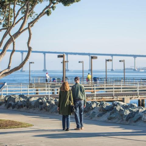 Couple looking at pier at Embarcadero Marina Park South at the Port of San Diego