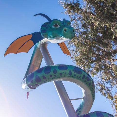 Sea Dragon urban tree sculpture by Deana Mando at Pepper Park at the Port of San Diego