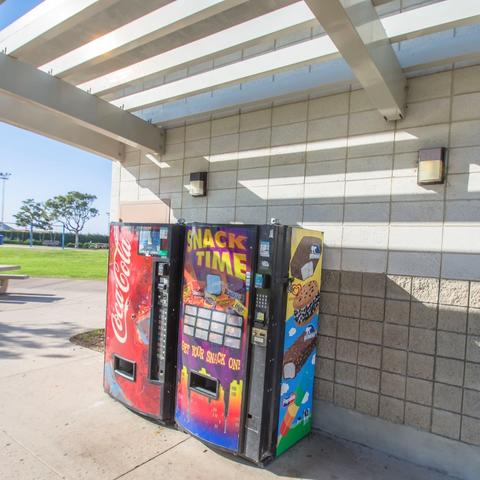 Vending machines for beverages and snacks outside the restroom at Pepper Park at the Port of San Diego