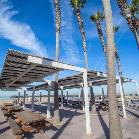 Picnic tables under awnings surrounded by palm trees at Portwood Pier Plaza at the Port of San Diego