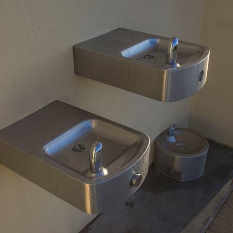 Three drinking water fountains, including one for pets, at Ruocco Park at the Port of San Diego