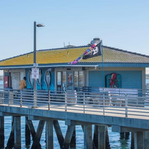 Fathom Bistro, Bait, and Tackle on the pier of Shelter Island Shoreline Park at the Port of San Diego