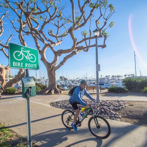 Cyclist biking on path at Spanish Landing Park at the Port of San Diego