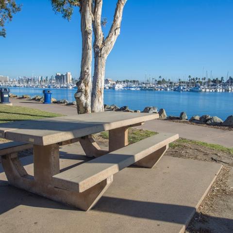 Picnic table overlooking the marina at Spanish Landing Park at the Port of San Diego