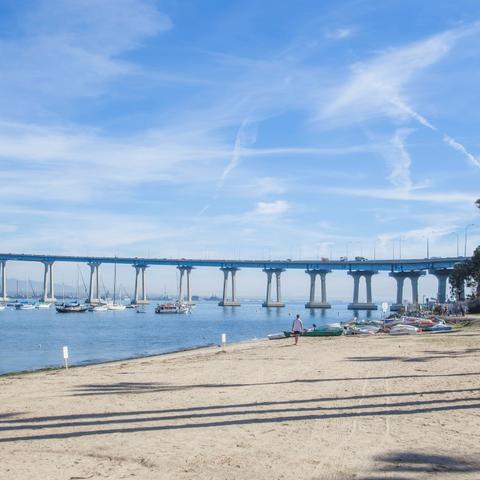 Sand beach with view of San Diego-Coronado Bay Bridge at Coronado Tidelands Park at the Port of San Diego