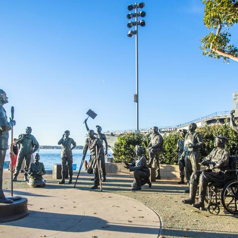 Salute to Bob Hope and Military bronze sculptures by Eugene Daub and Steven Whyte at Tuna Harbor Park at the Port of San Diego